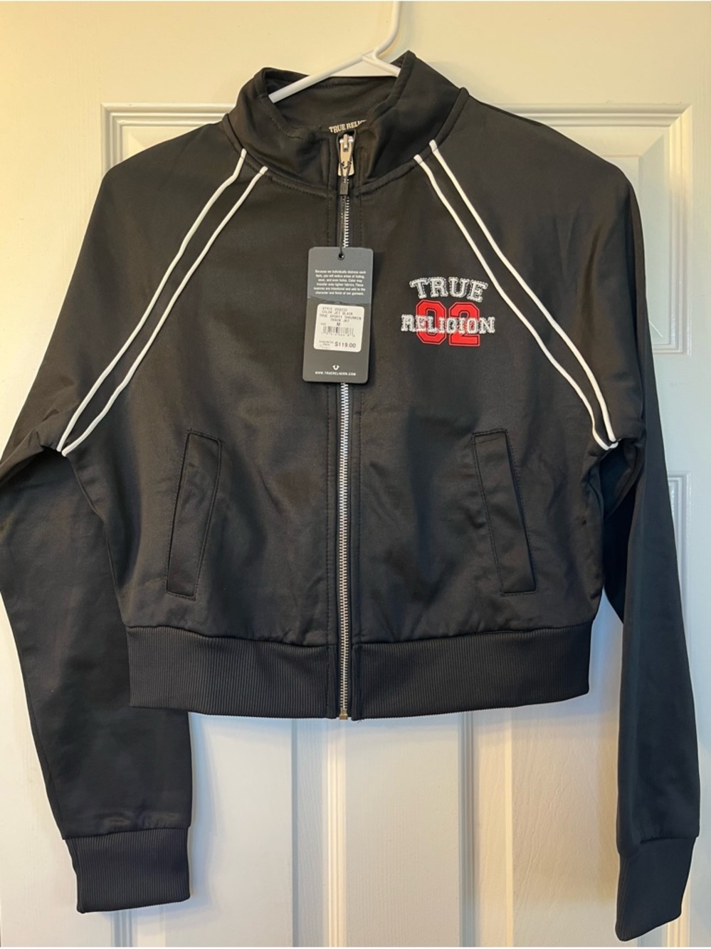 True Religion Black Zip Jacket with White Piping and Red Logo M Women’s